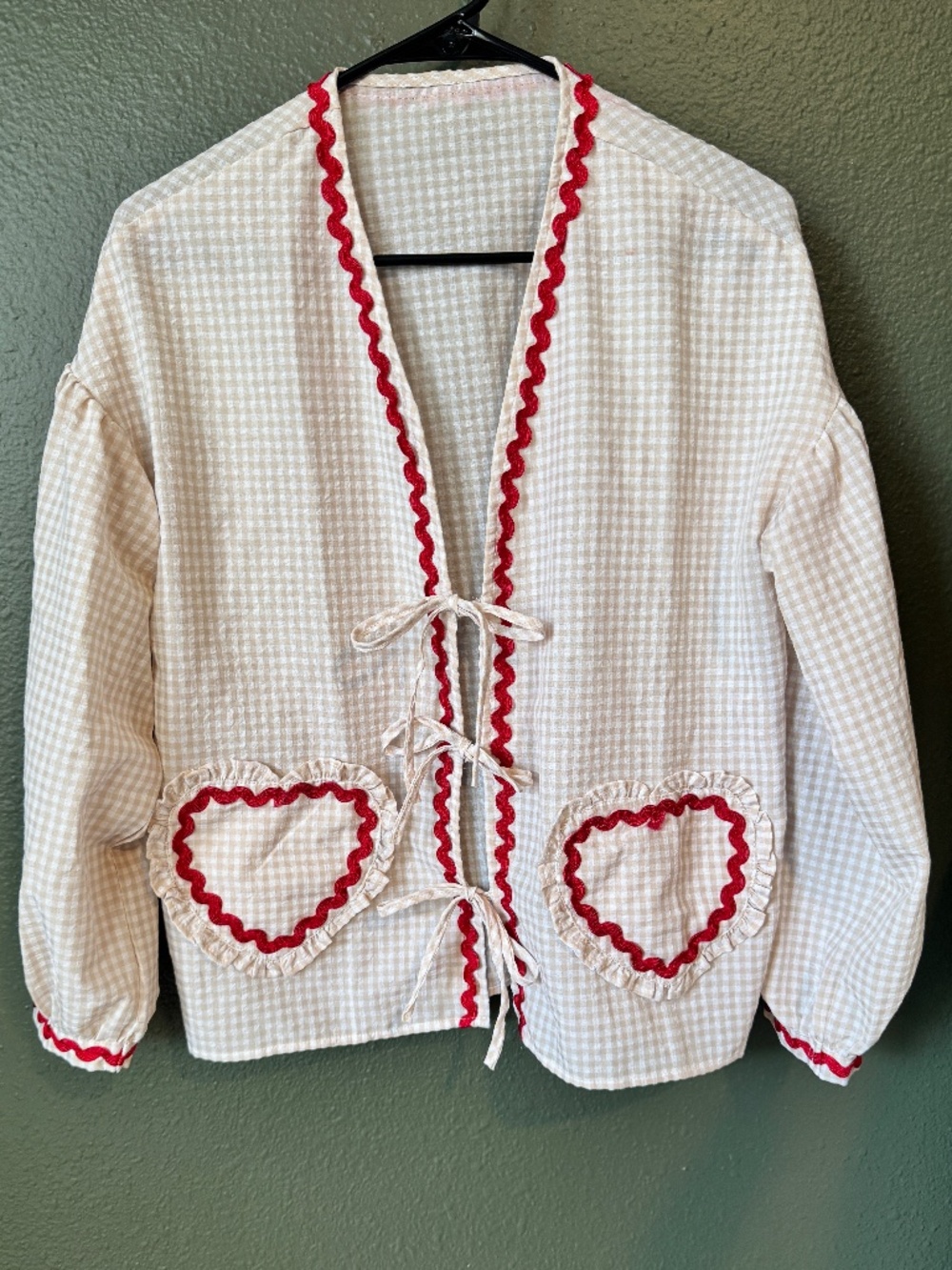 Womens Tie Front Peplum Top Long Puff Sleeve/ Gingham and heart
